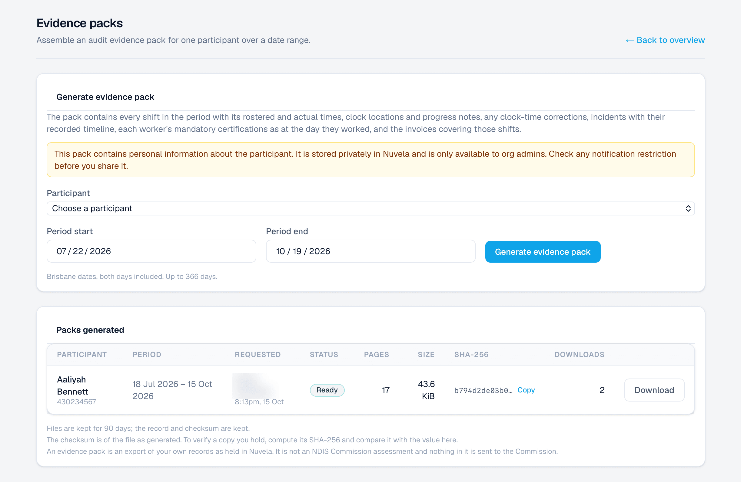 Nuvela's Evidence packs page: generate a pack for a participant and period, with a ready pack showing pages, checksum and download