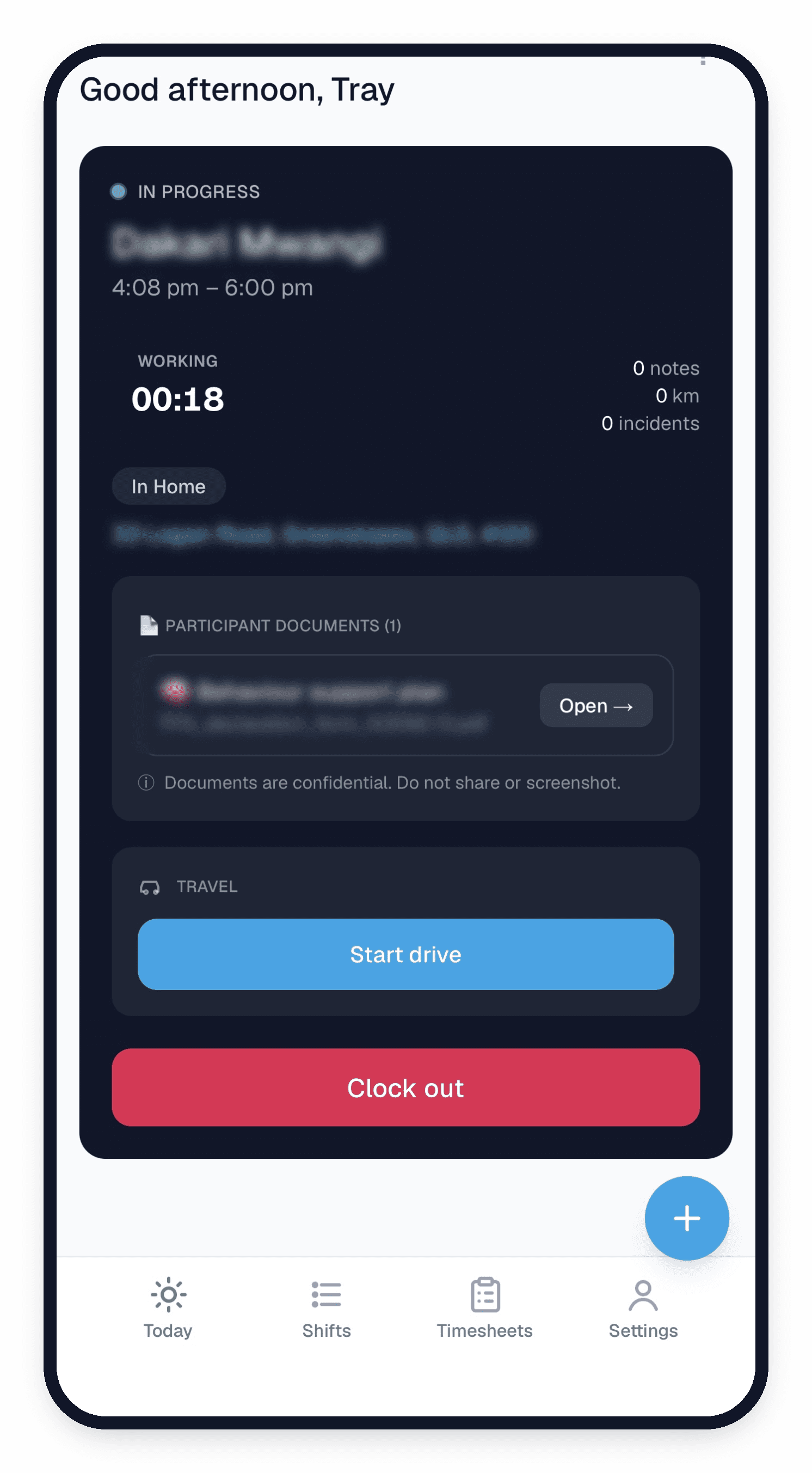 The Nuvela worker app on a phone, showing a shift in progress with a live timer, the participant's documents, a travel button and clock out.